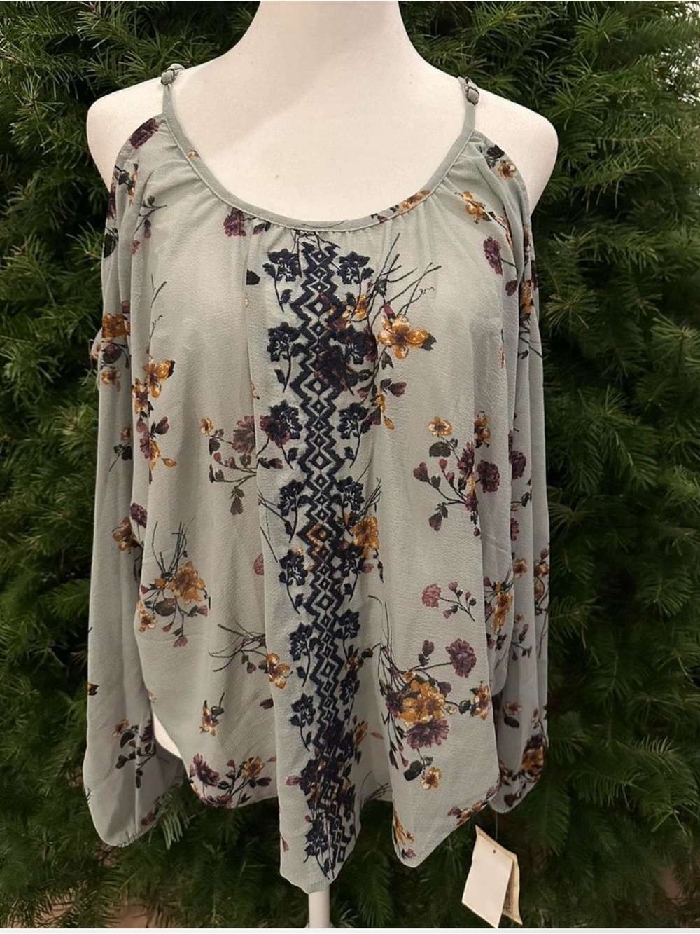 Womens Cold-Shoulder Floral Blouse in sky blue